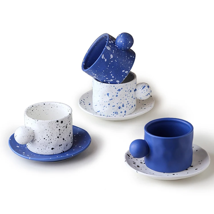 Porcelain Mug Round Ball Handle Pattern Splash Coffee Beverage Coffee Cup Tea Ceramic Cup Saucers Set