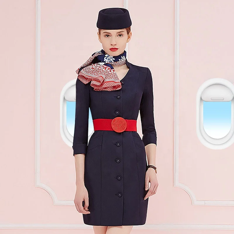 Custom Fabric Single Breasted Blazer Airline Work Uniforms Elegant Flight Attendant Stewardess Uniform Long Dress Overall Coat