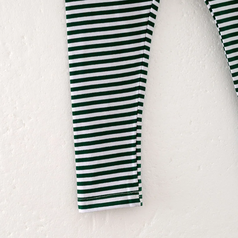 In Stock Kids Toddler Baby Girl Winter Christmas Santa Claus Embroidered Gauzy Peplum Green Striped Pants Set Outfit