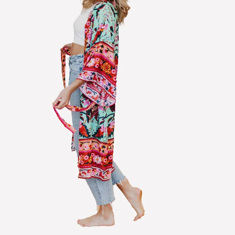 Ethnic women summer shirt blouse ladies printed long blusas tops plus size hippie floral chiffon boho kimono cardigan