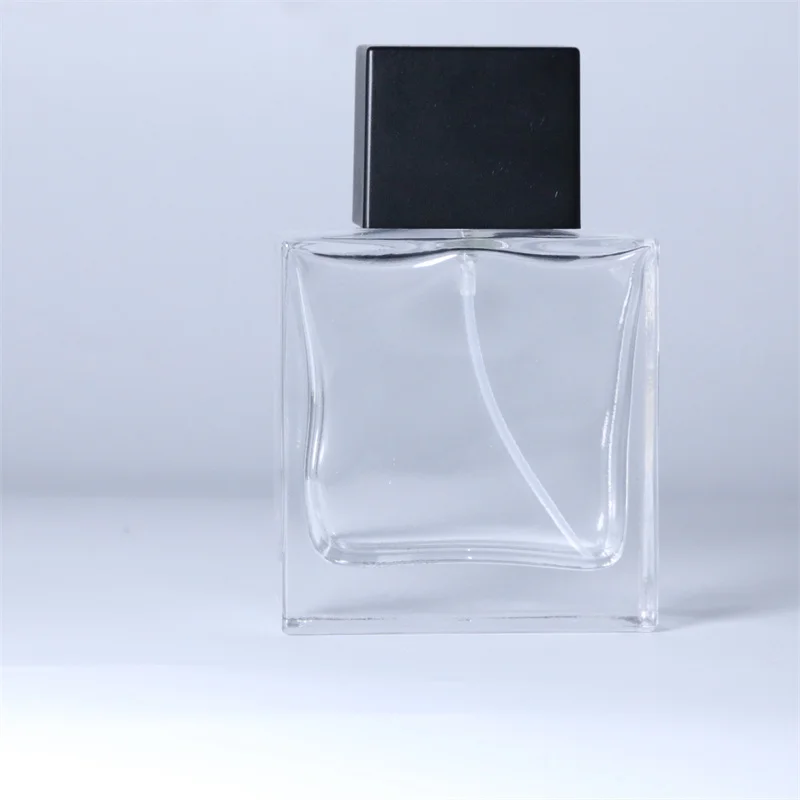Transparent 50ml square spray perfume glass bottle and cap with box in stock
