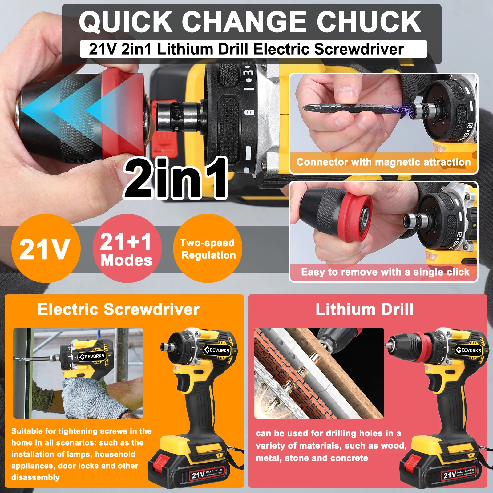 Geevorks 21V 2in1 Electric Drill Screwdriver Brushless Motor Power Screw Driver Home Appliances Multi-function Power Tool
