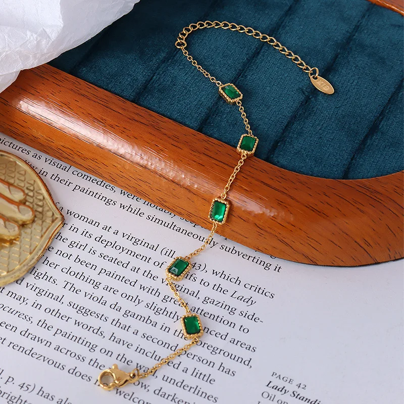 Japan and Korea bracelet square inlaid emerald green zircon stainless steel plated 18K gold bracelet