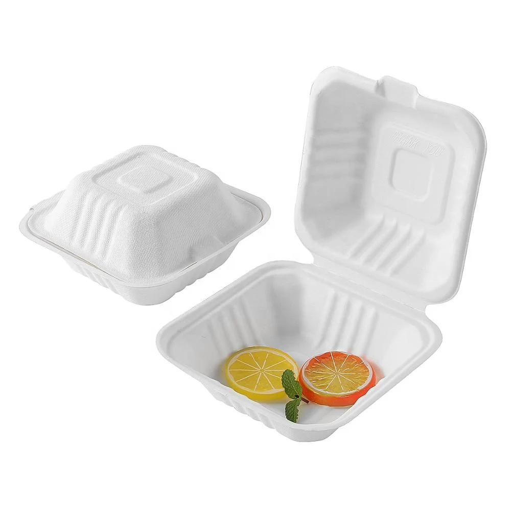 Clamshell Takeaway Food Box Taper Biodegradable Disposable Plate Dish Bagasse and Bamboo Pulp Rectangle White or Natur Tableware