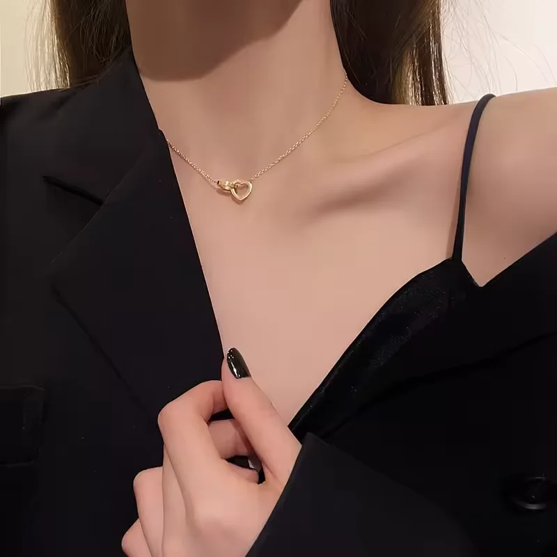 European and American 18k rose gold simple double ring love collarbone chain titanium steel non fading necklace