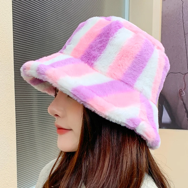 .2022 Faux Fur Bucket Hat For Women Winter Thicken Warm Rainbow Colorful Striped Luxury Bucket Hat