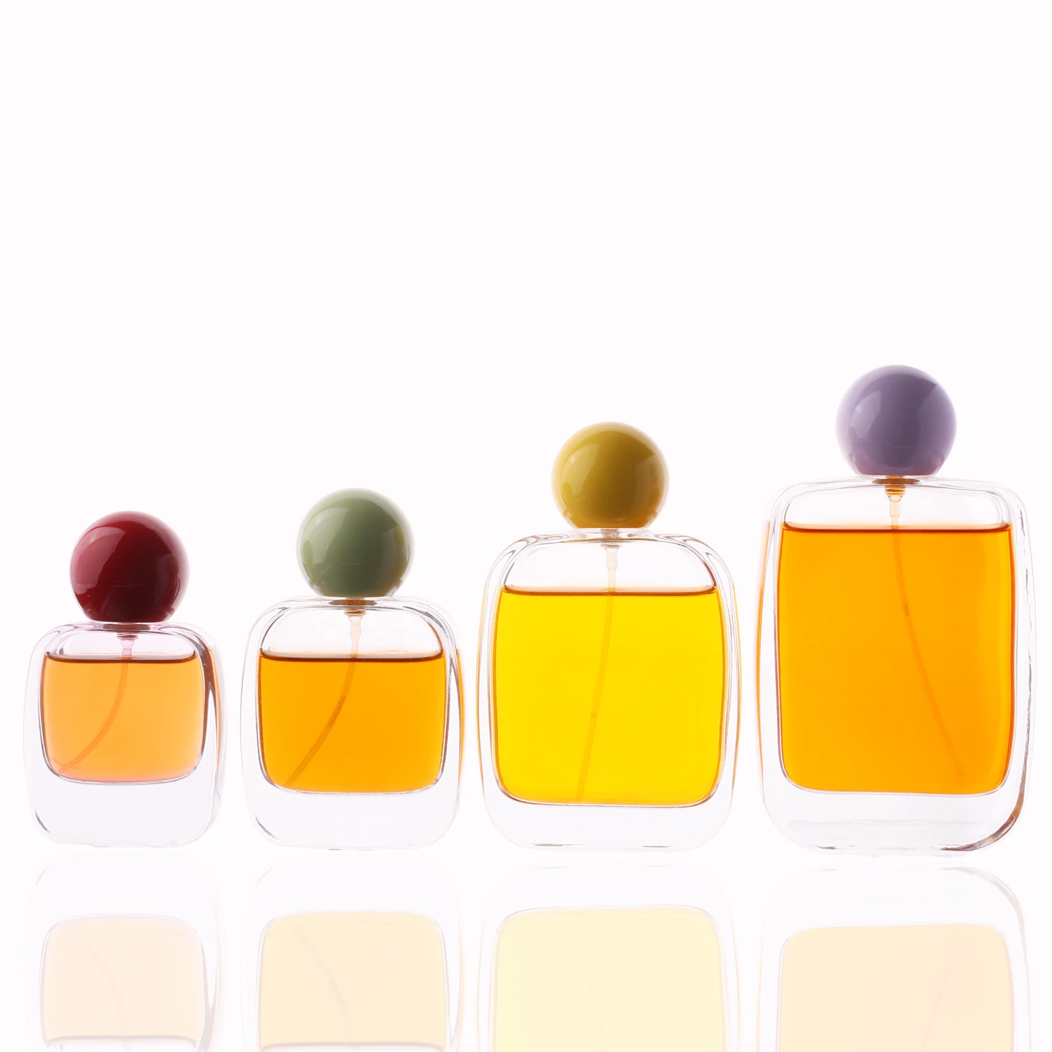 New Design Perfume Bottle 30ml 50ml 100ml Thick Bottom Flat Rectangle Glass Perfume Bottle with purple ball cap