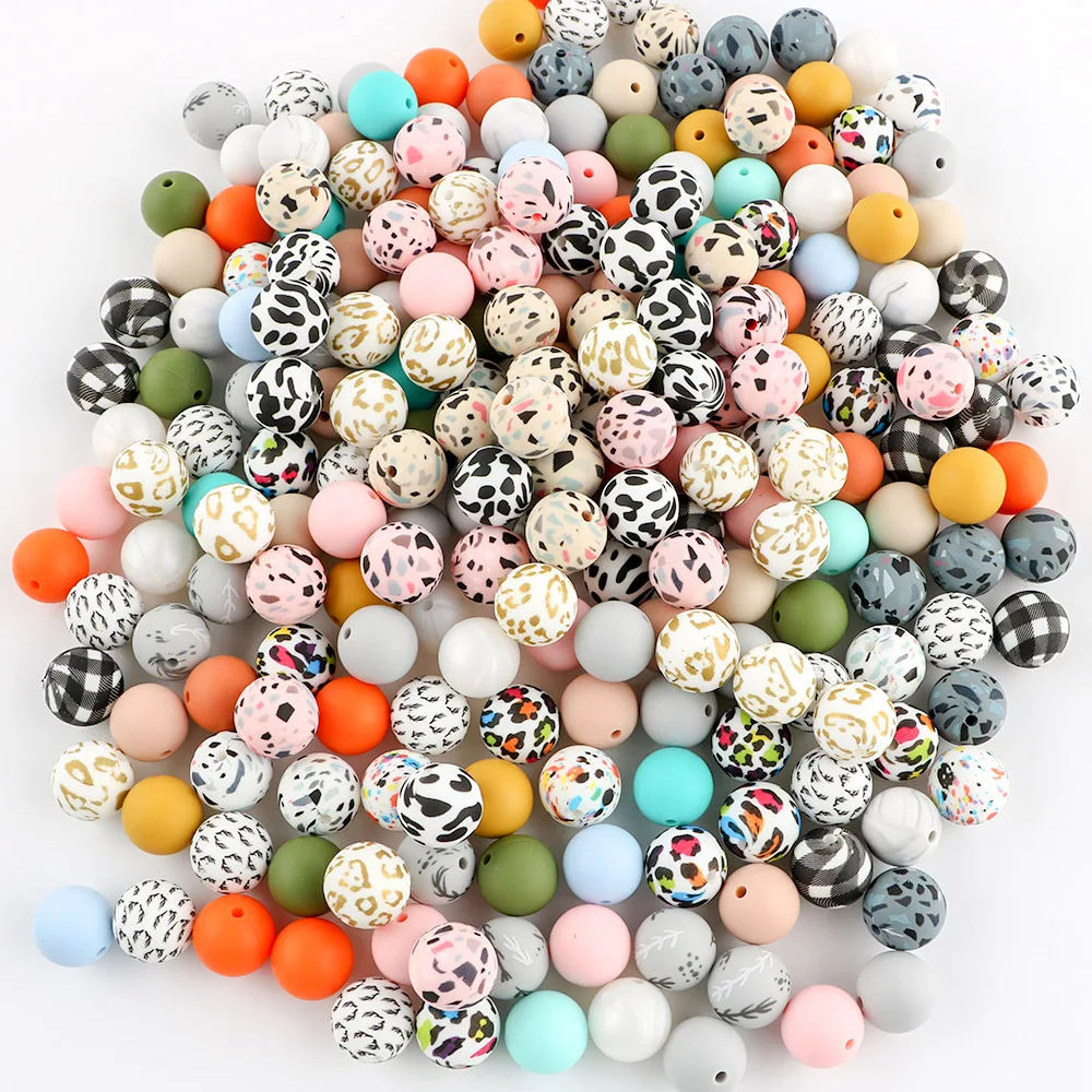 Xinghan Baby teething Printing Round Silicone beads Cartoon shape Food Grade DIY Pens Accessories Custom Silicone Loose Beads