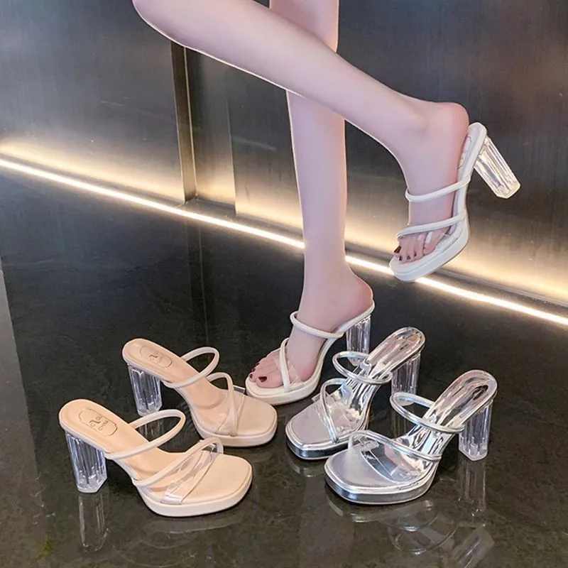 2024 Summer New Transparent High Heels One Strap Type Chunky Heel Outer Wear Crystal Heel Sandal Slippers