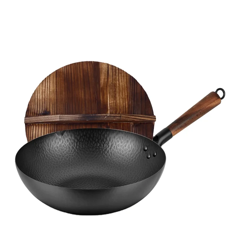 Factory Wholesale Traditional Hand Make Cast Iron Non Stick Wok Cookware Non Coating Frying Pan With Lid