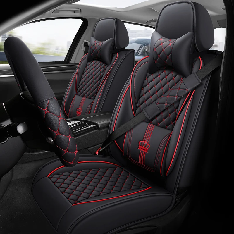 Seat Covers Full Set, Black Seat Covers for Cars 5 Seats, Car Seat Protector, Waterproof Nappa Leather Car Seat Cushion, Front a