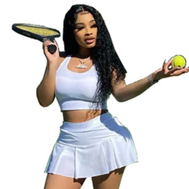 Summer Mini Pleated Baseball Tennis Dress Women Tennis Wear Two Piece Women Clothing Crop Top Pants Skirt Set