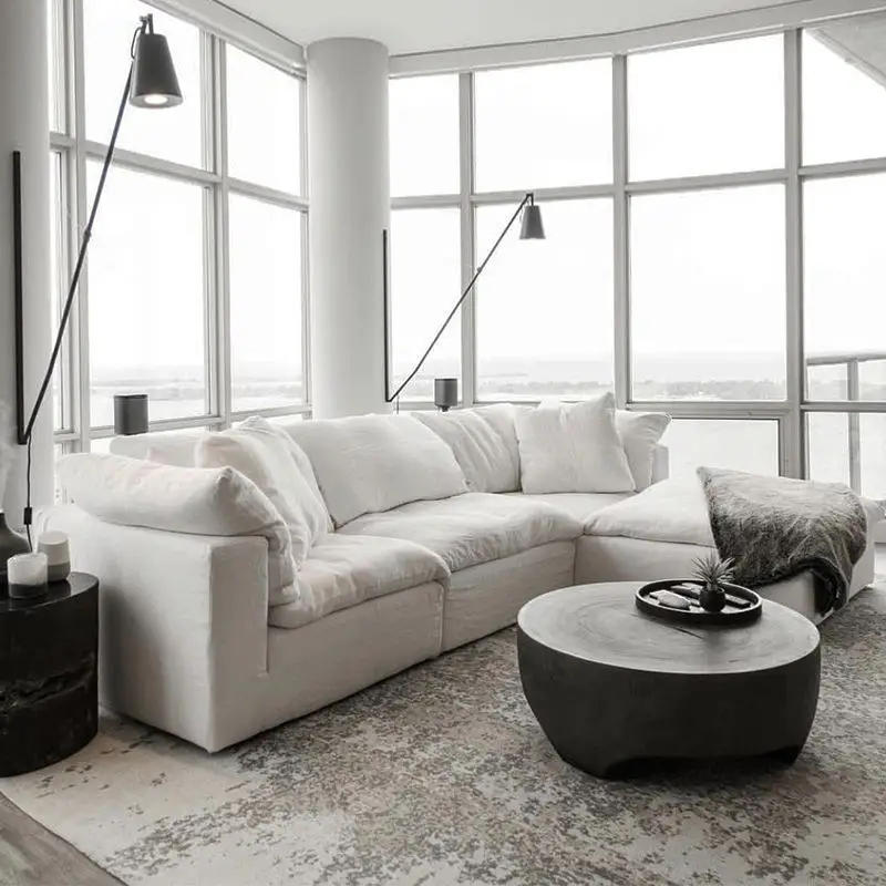 Living room sofa set furniture white linen feather cream beige fabric l shaped street corner modular sofa section sofa
