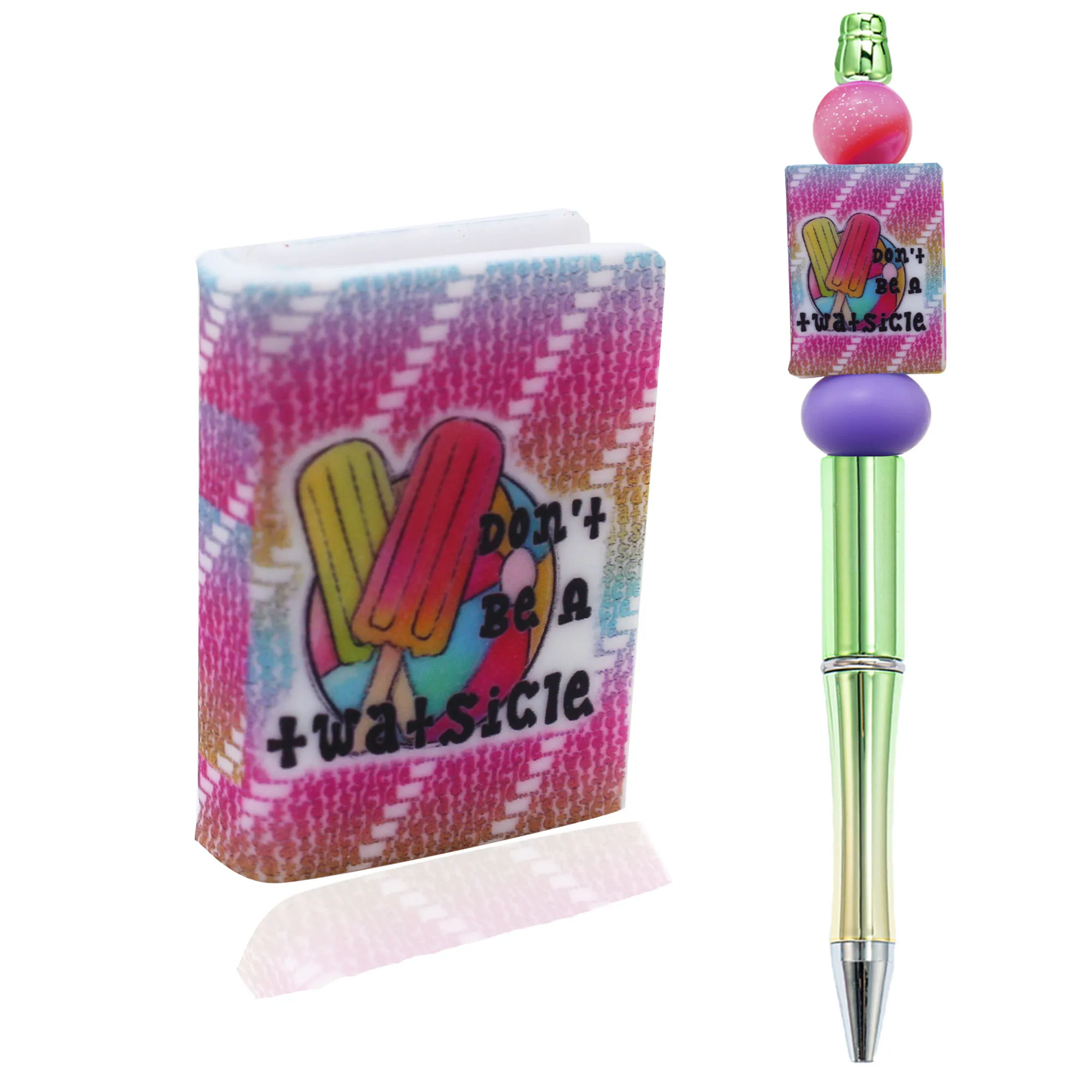 New Free Customized Notebook Book Shape Colorful Pattern Silicone Beads For Pens Keychain Printed Custom Silicone Focal Beads