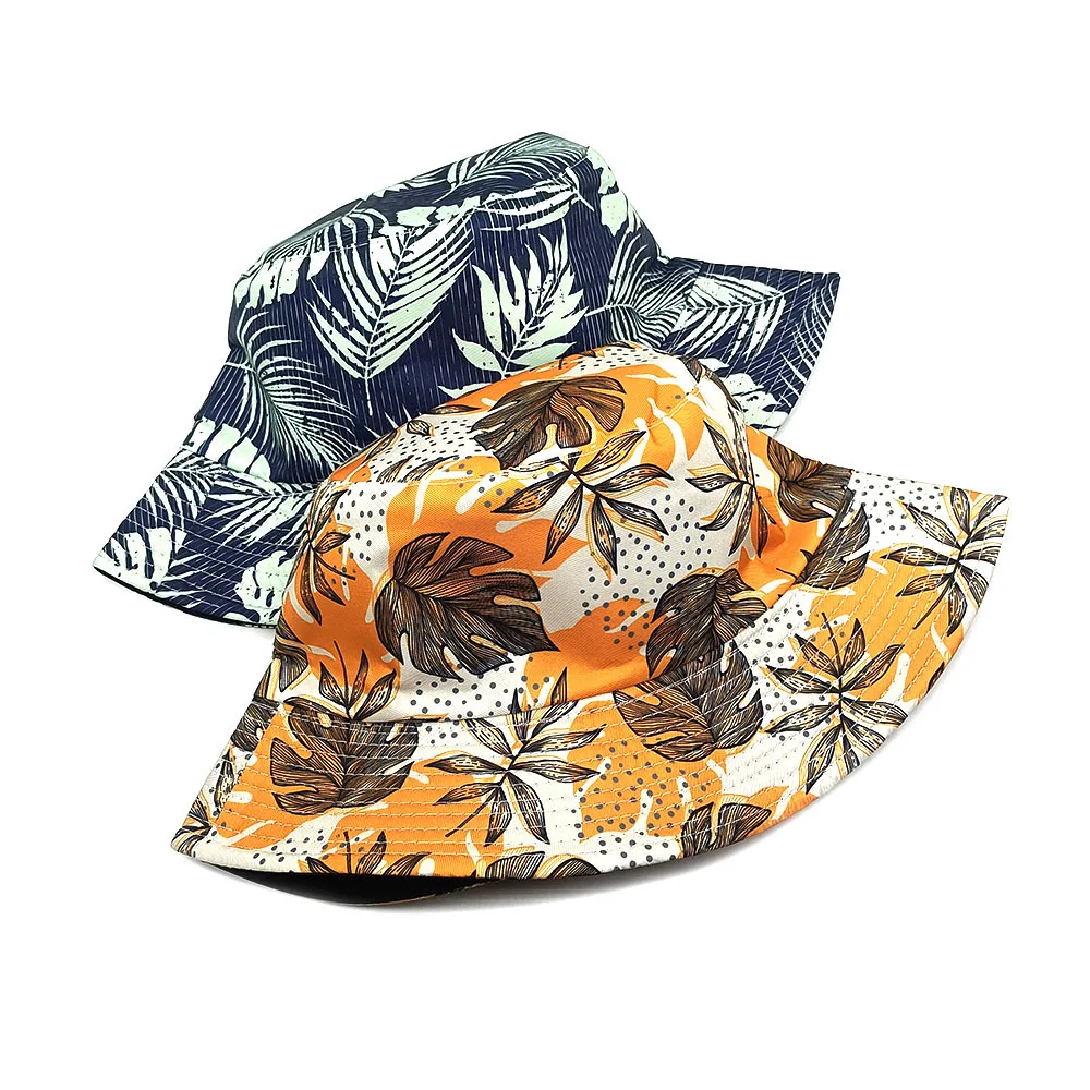 Fashion Floppy Big Brim Polyester Fishman Hats Tropical Style Custom Coconut Tree Printing Logo Reversible Bucket Hats