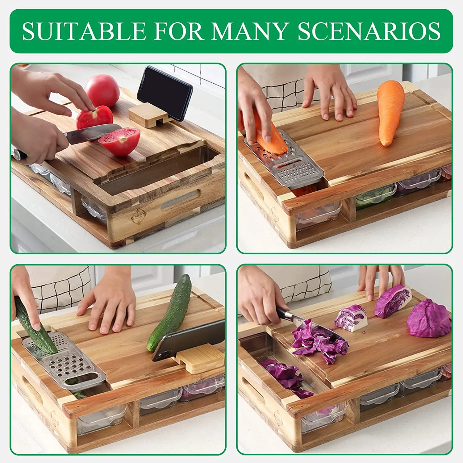 High quality new design kitchen vegetable acacia wood cutting board with containers chopping board with containers drawer