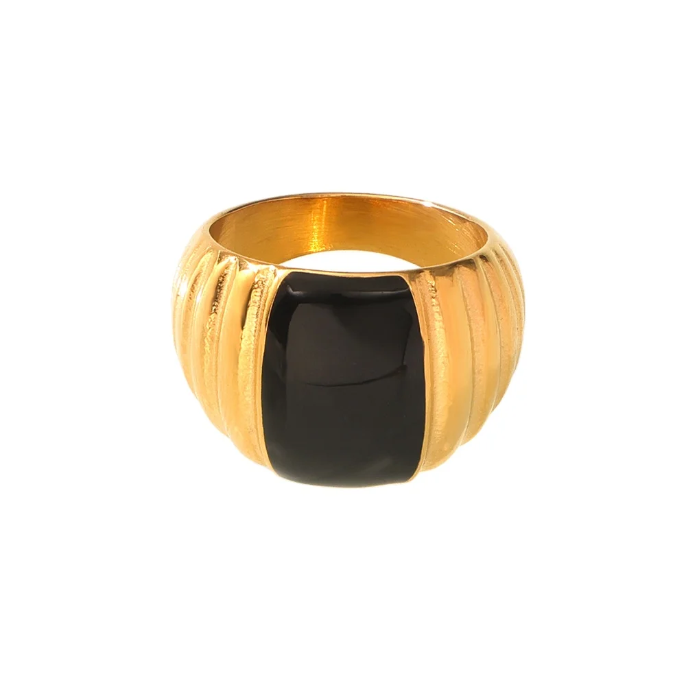 High End 18K Gold Plated Plain Black Enamel Drip Oil Stainless Steel Couple Rings Gold Plated Jewelry