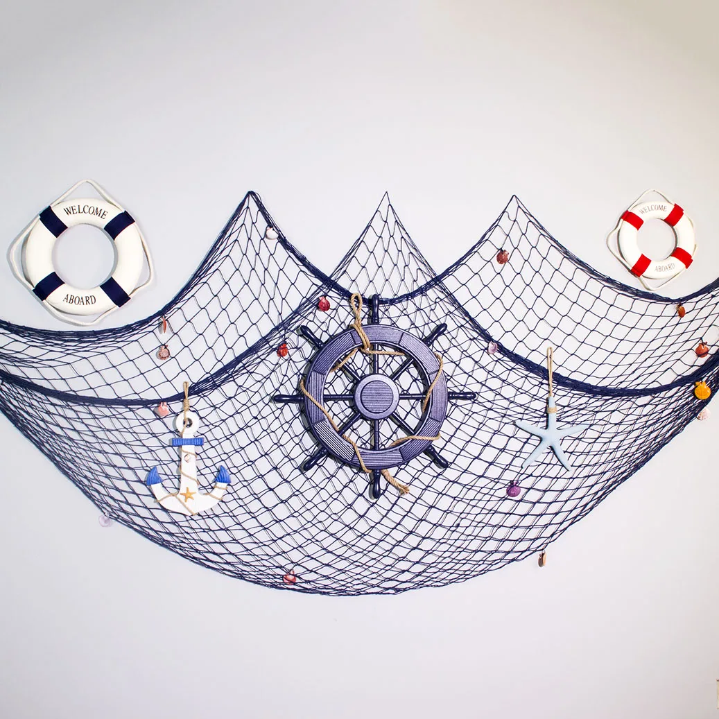 Home Wall Decorative Beach Style With Shipwheel Starfish Lifering Fish Netting Sets