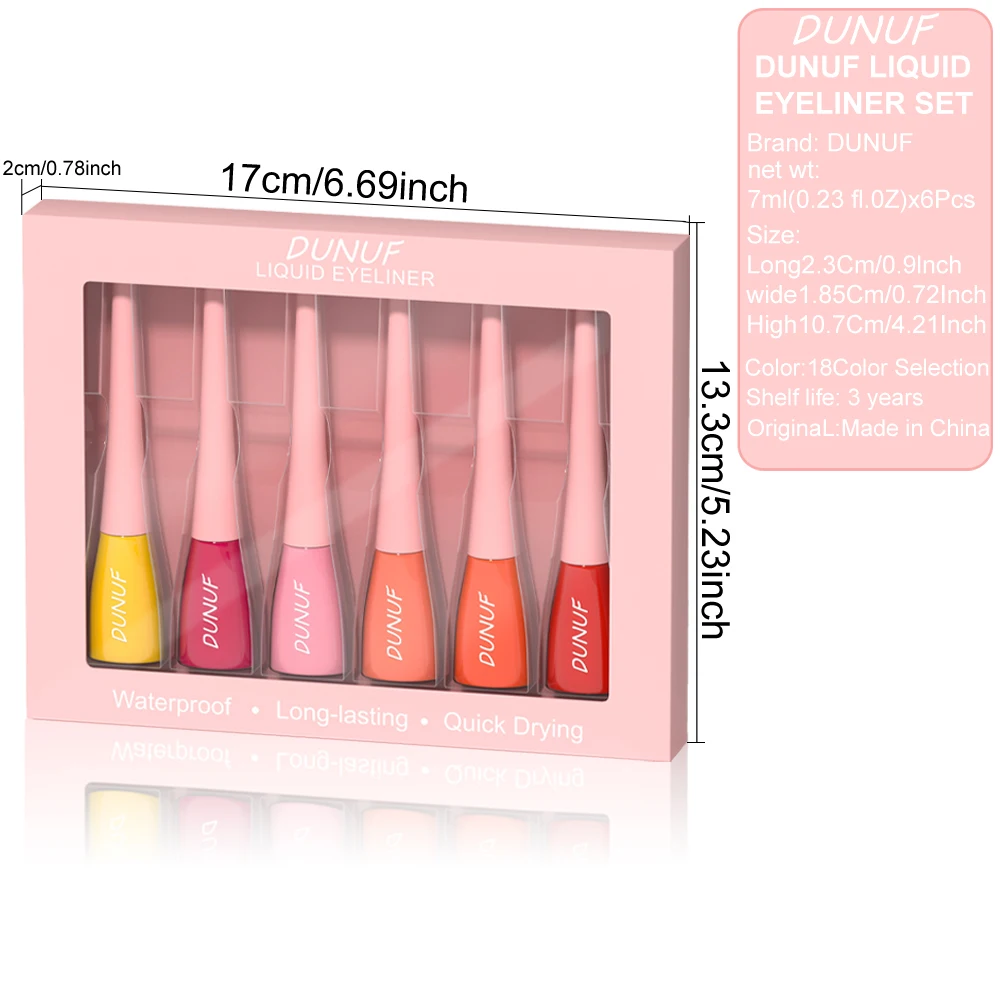 DUNUF 6 Color Liquid Eyeliner Set Waterproof Lasting Fast Drying Red Pink Yellow Smooth Matte Eyliner Pencil Kit Makeup Cosmetic