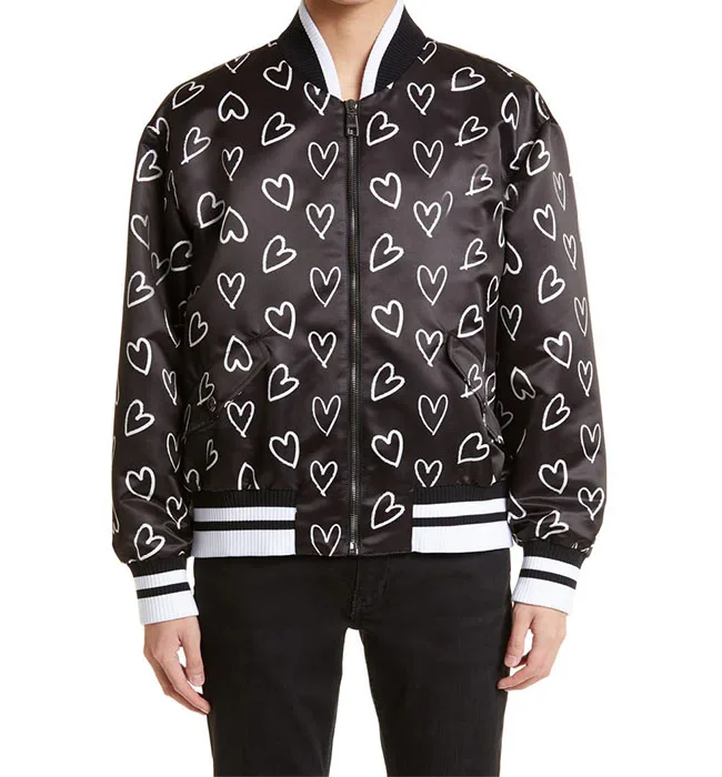 jackets for men 2023 Oem Custom classic Heart pattern printed satin Geometric pattern satin Bomber jacketoutdoor Jacket Men