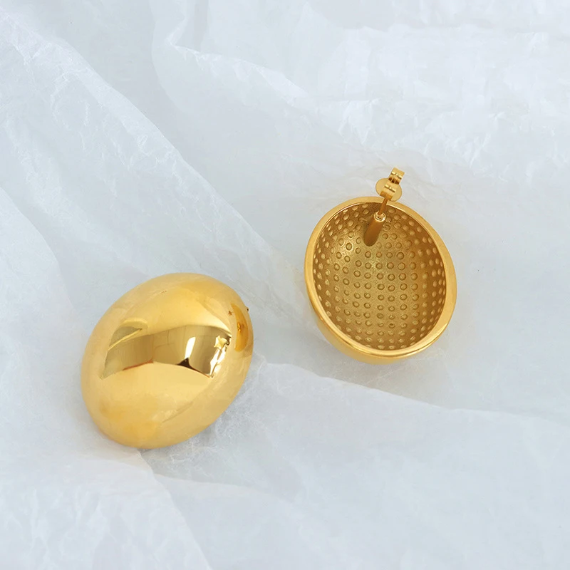 18K Gold Plated Stainless Steel Chunky Oval Dome Stud Earrings Statement Smooth Metal Geometric Post Earrings