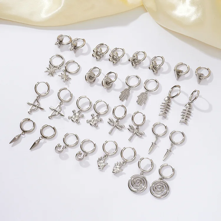 Cute Stainless Steel 18K Gold Plating Earring Palm Fishbone Dragonfly Skull Charms Huggie Earring Dangle EarJewelry For Women