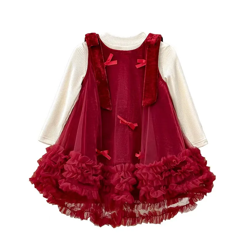 Shuoyang New Bow Princess Dress for Autumn/Winter 2024 A Christmas dress designed for beautiful girls aged 3-13 Boutique skirt