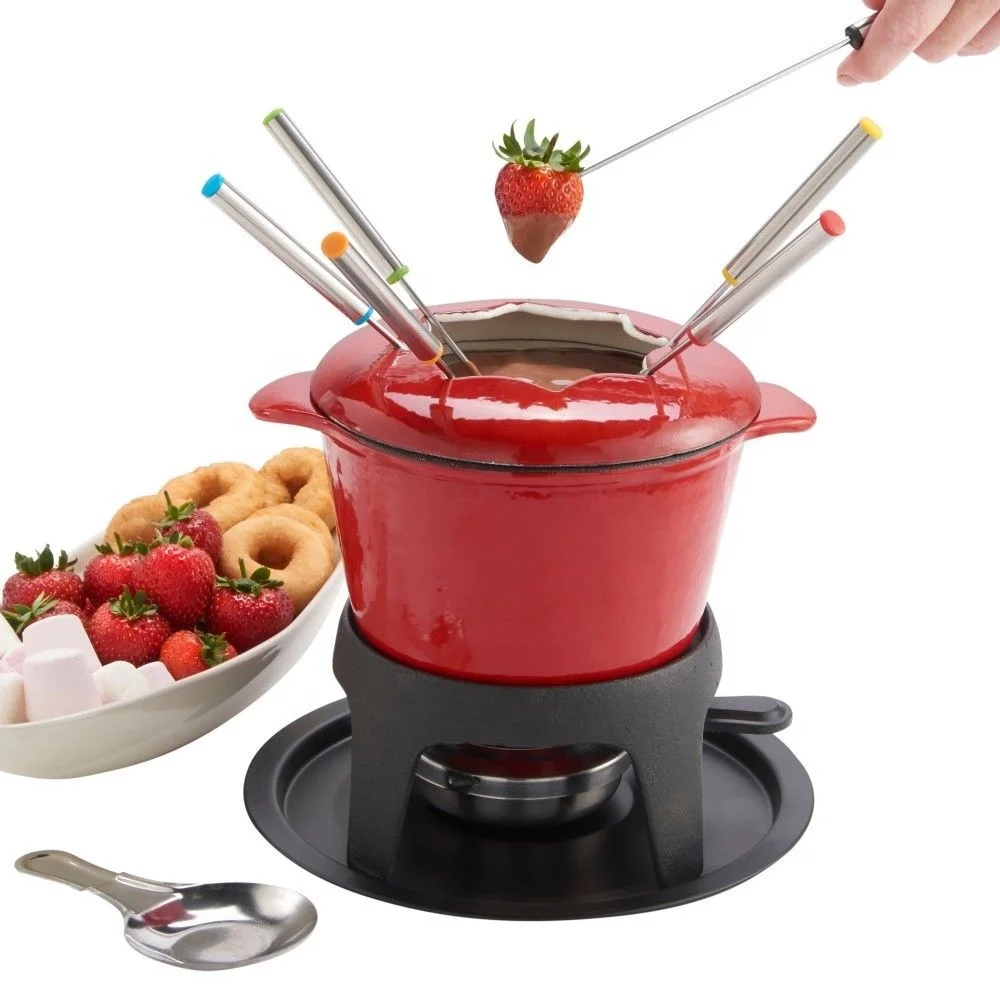 Enamel Cast Iron Fondue Set For Cheese Chocolate Ice Cream Fondue Pot with Forks and Burner