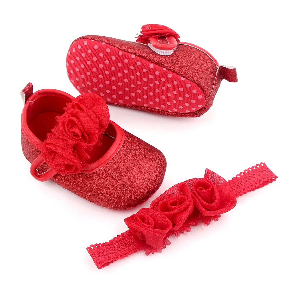 Spring Autumn Breathable Non-slip Baby Girl Ballet Shoes Headband Set Sparkle Flower Flats