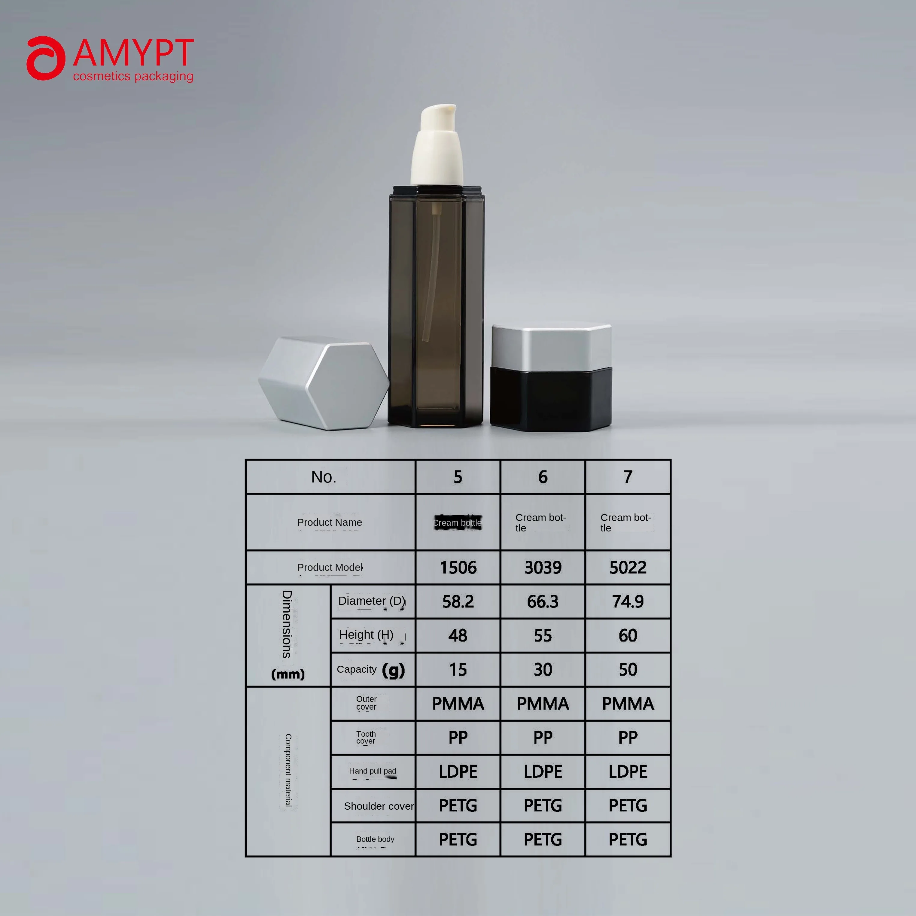 Cosmetic Packaging Custom  PETG  Hexagonal with Pump head  bottle and jar