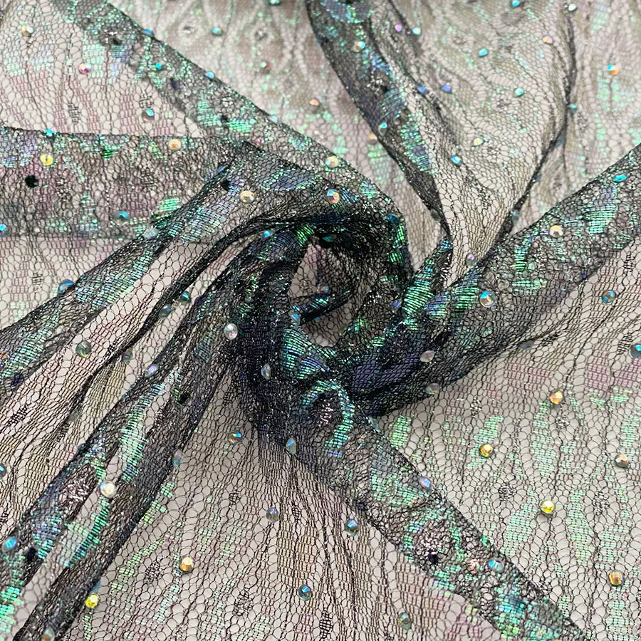 2022 new design shiny multicolor peacock feather pattern rhinestone process jacquard lurex mesh with stone