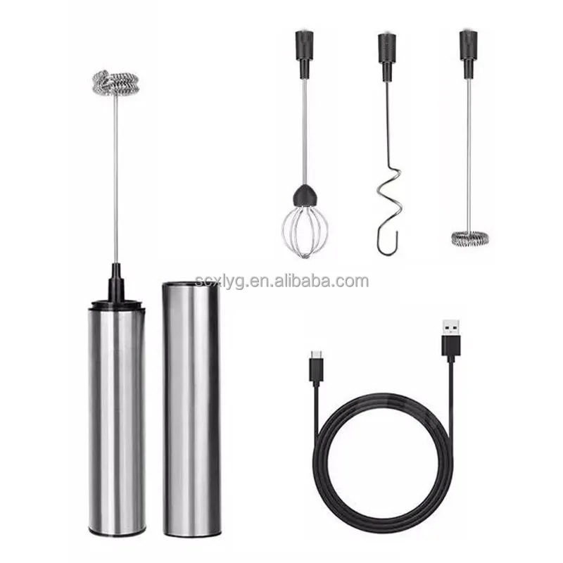 XLR USB Rechargeable Handheld Electric Coffee Mixer Milk Frother Foam Maker Whisk with Extra Heads 2 Adjustable Speeds for Latte