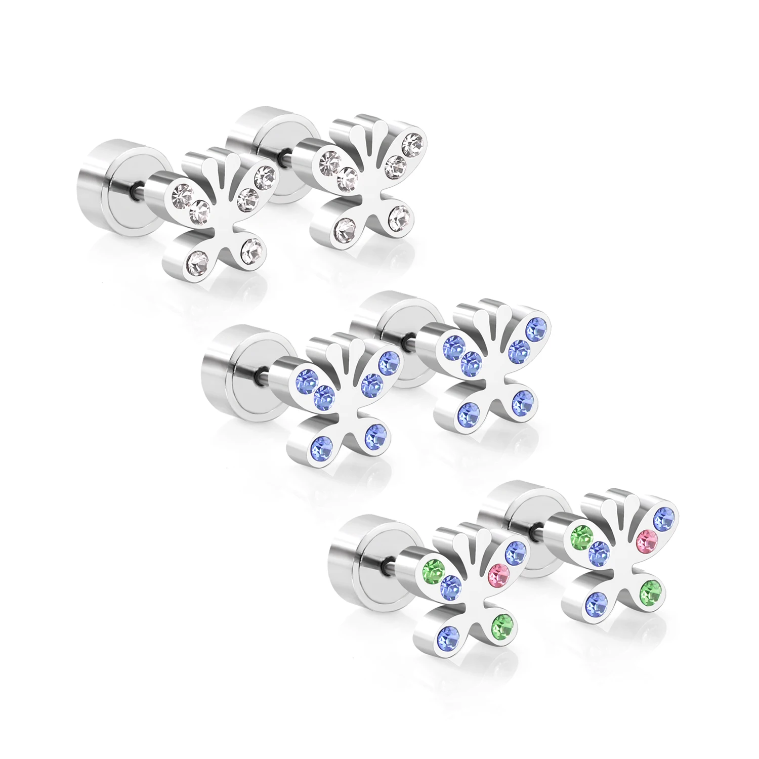 Beautiful Mix Color Butterfly Earrings Stainless Steel Jewelry Cute Design Zircon Screw Earrings For Women