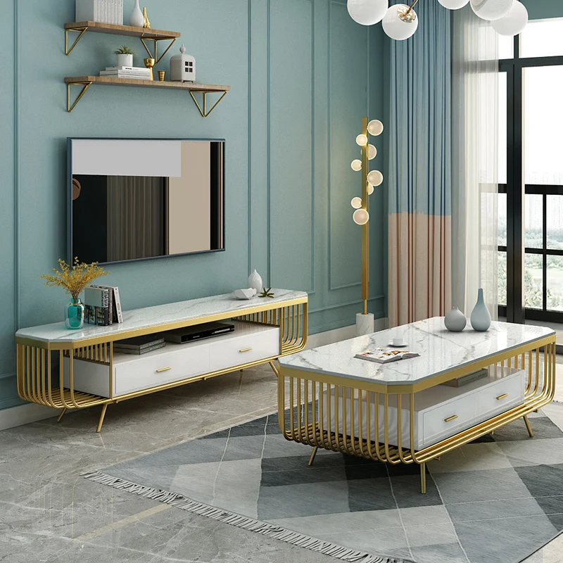 Nordic light luxury coffee table tv ark combination marble top cabinet stainless steel living room tv cabinet set
