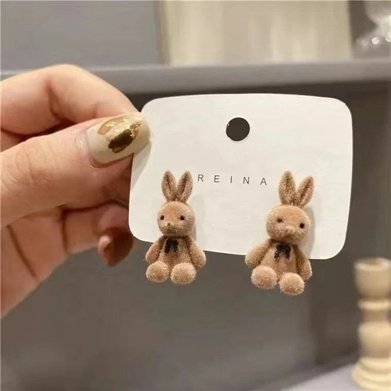 2024 New 925 Silver Needle Korean Flocking Cute Little Bear Earrings Simple and Trendy Heart Student for Girls Fashion Style