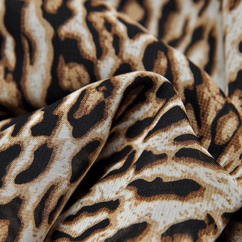 
Female 2021 Summer V Neck Half Sleeves Leopard Print Lace Up Waist Irregular Swing Mid Length Dress 