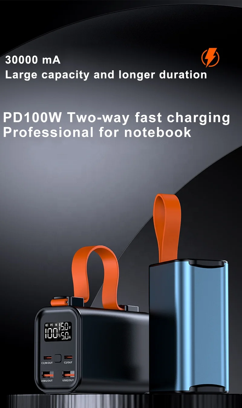 Portable Laptop Power Bank 100W 30000mAh  Charger USB-C PD100W Fast Charging QC3.0 with LED display  for laptop/phone