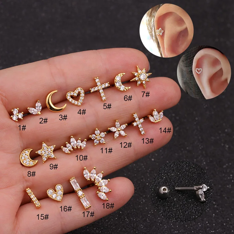 Stainless steel micro pave zircon moon star cross flower heart 18k gold plated ear bone piercing screw back stud earing women