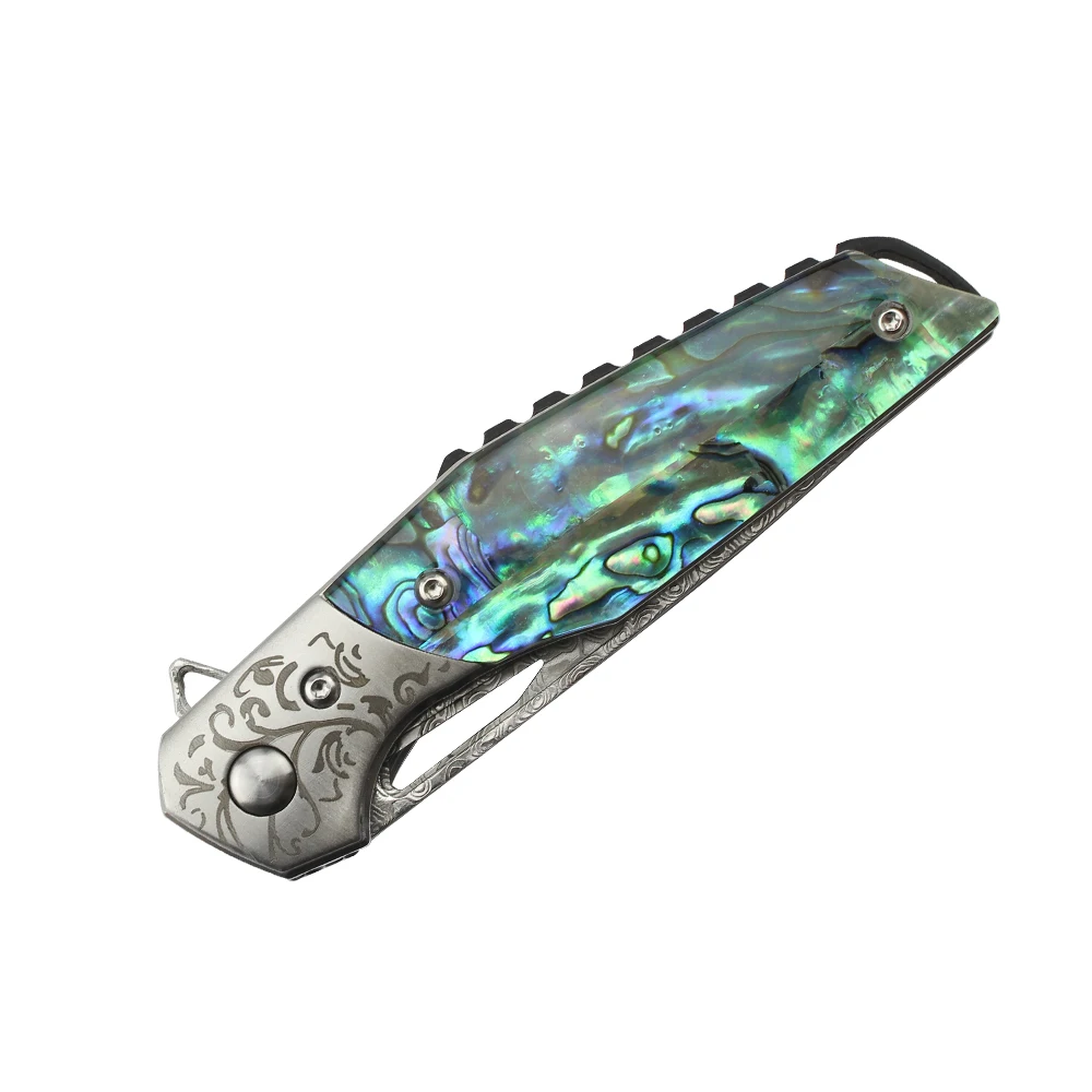 Best selling product custom Survival Knife Damascus Blades Blade & Abalone hell resin Handle Ball bearing folding knife
