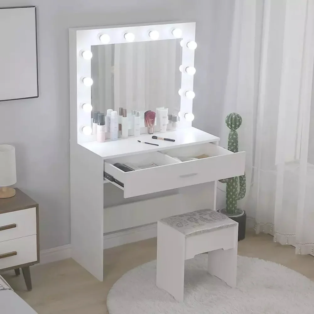European Bedroom High Quality Customizable Vanity Makeup Table And Mirror With LED Light Bulbs