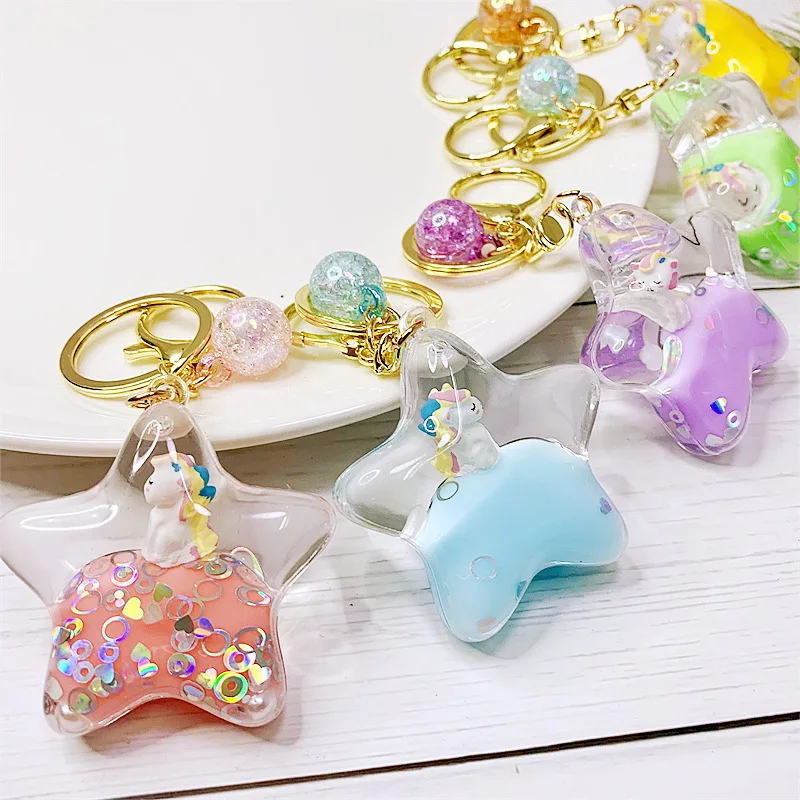 3D Cute Cartoon Unicorn Keychain Boba Milk Tea Floating Liquid Sequin Key Chain Car Charm Keyring Bag Pendant For Women Men Kids