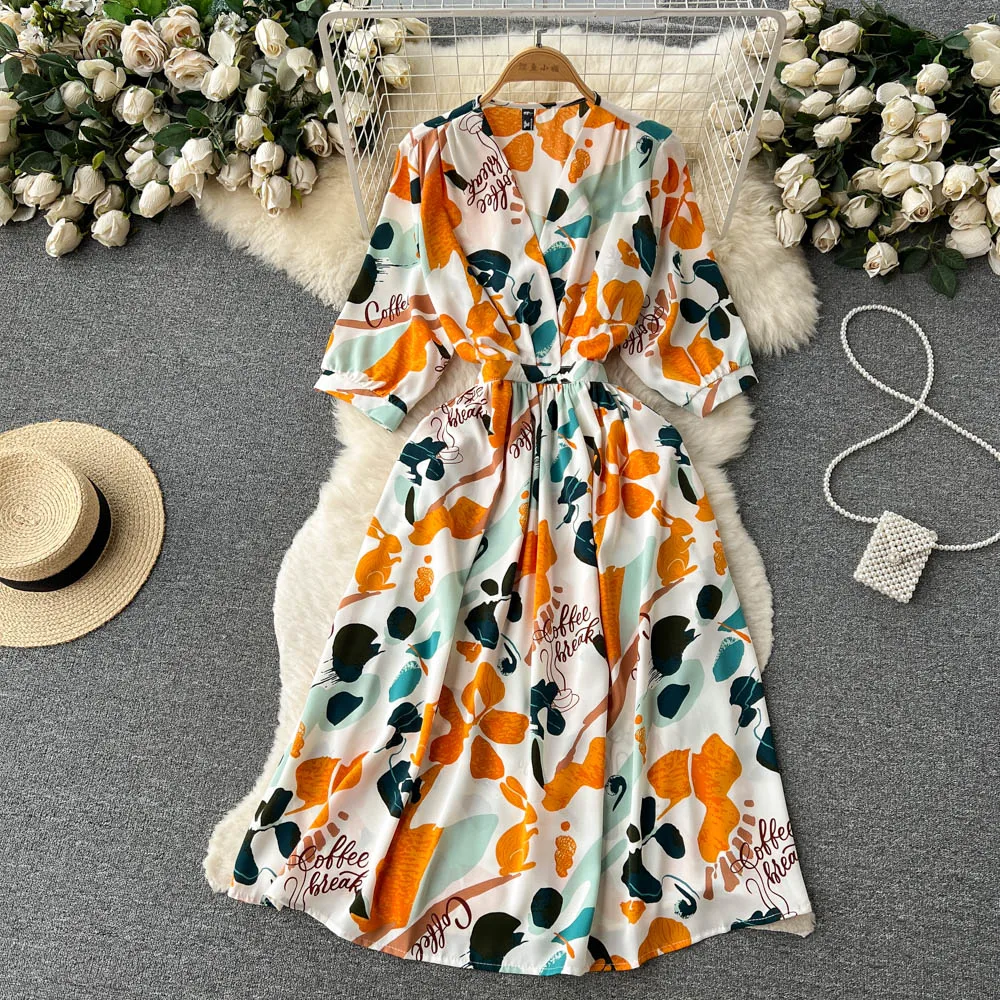 Summer Full Sleeve V-neck Floral Chiffon Casual Dress Women High Waist Midi A-Line Dress Ladies Retro Dresses Clothes Women