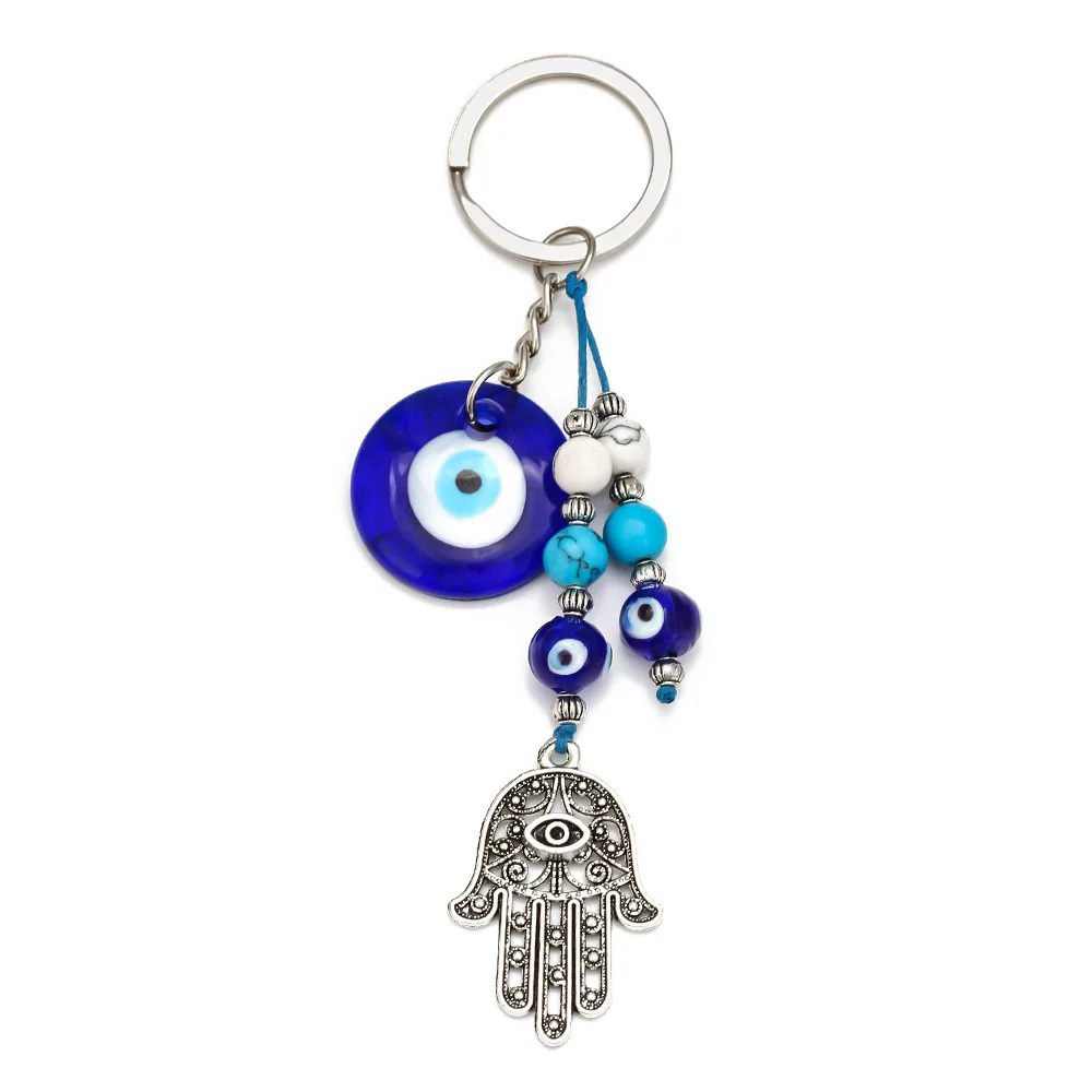 LUCKY EYE Tree Fatima Hamsa Hand Evil Eye Pendant Keychain Silver Color Ring Key Chain Car Keyring for Women Men Jewelry