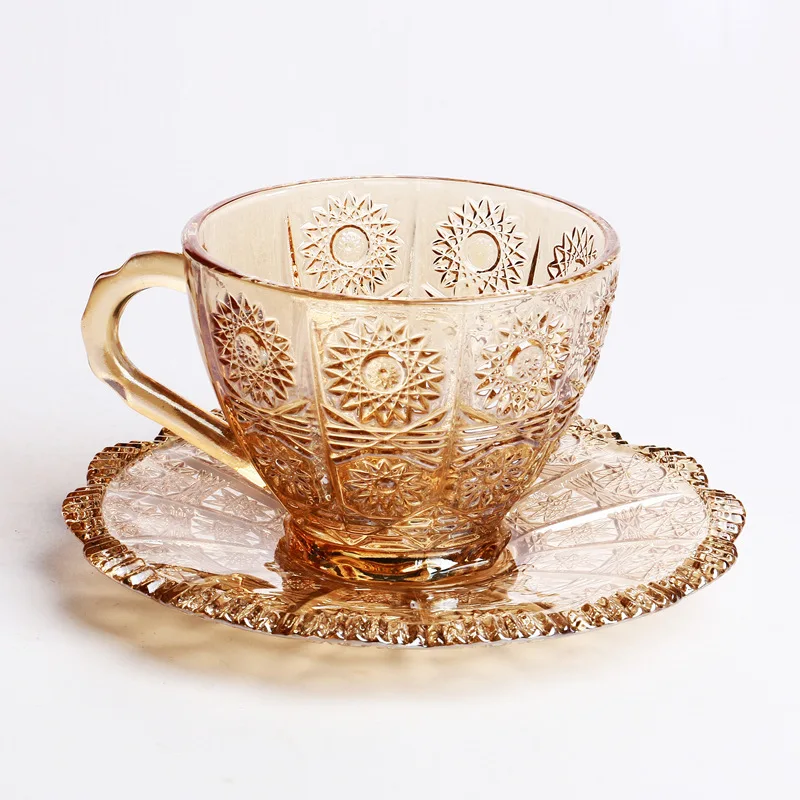Wholesale European Retro Relief Sunflower Breakfast Cup Glass Coffee Cup And Saucer With Spoon