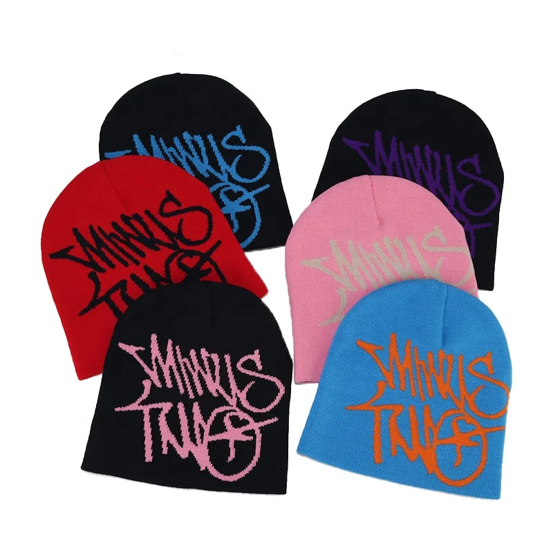 Hot sale Wholesale New Custom  Logo Printed  winter Beanies Jacquard  cuffless Knitted y2k beanie Hat  for women