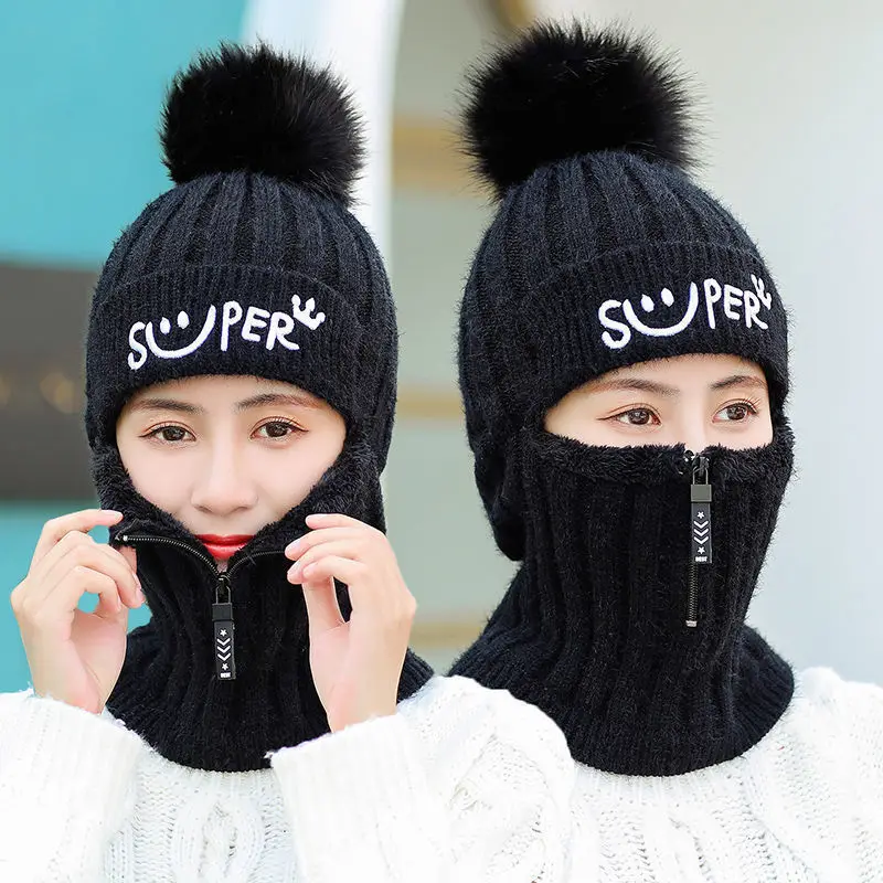Women Winter Casual Ear Protection Wool Hat Thickened Fleece Warm Cycle Knitted Beanie Hat Sombreros De Invierno