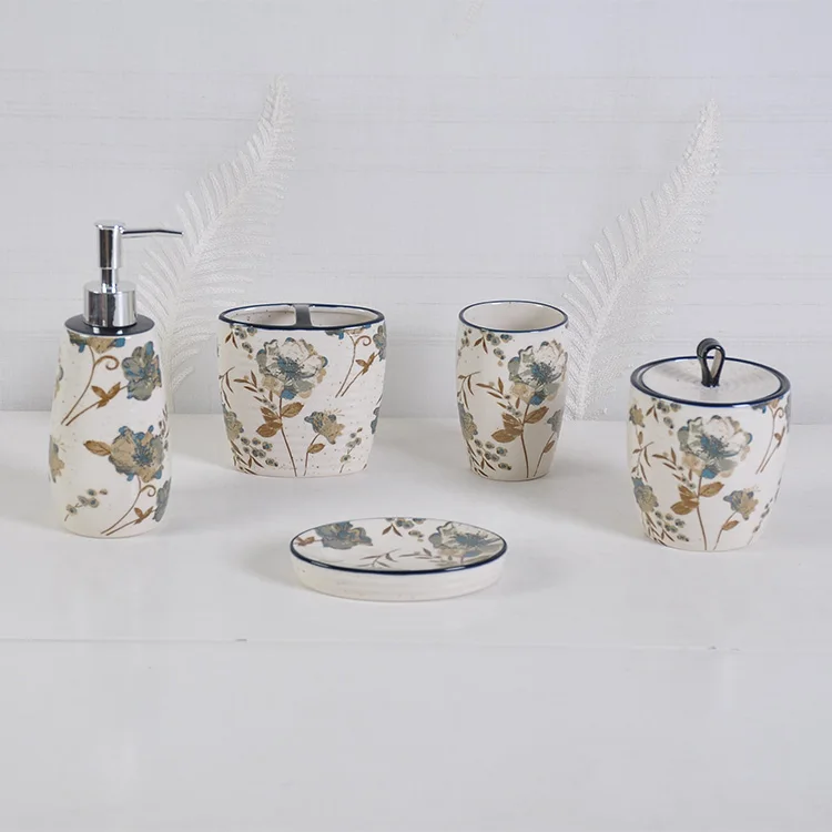 Wholesale Modern Design Customize Flower Bathroom Concise Style Accessories Set Ceramic Bathroom Set