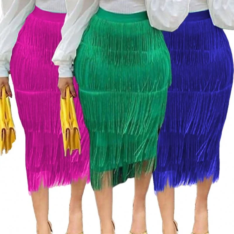 kc AM200303 Wholesale Custom Solid Office Ladies Skirts High Waist Stretch Tassel Womens Skirts Sexy Midi Fringe Skirt