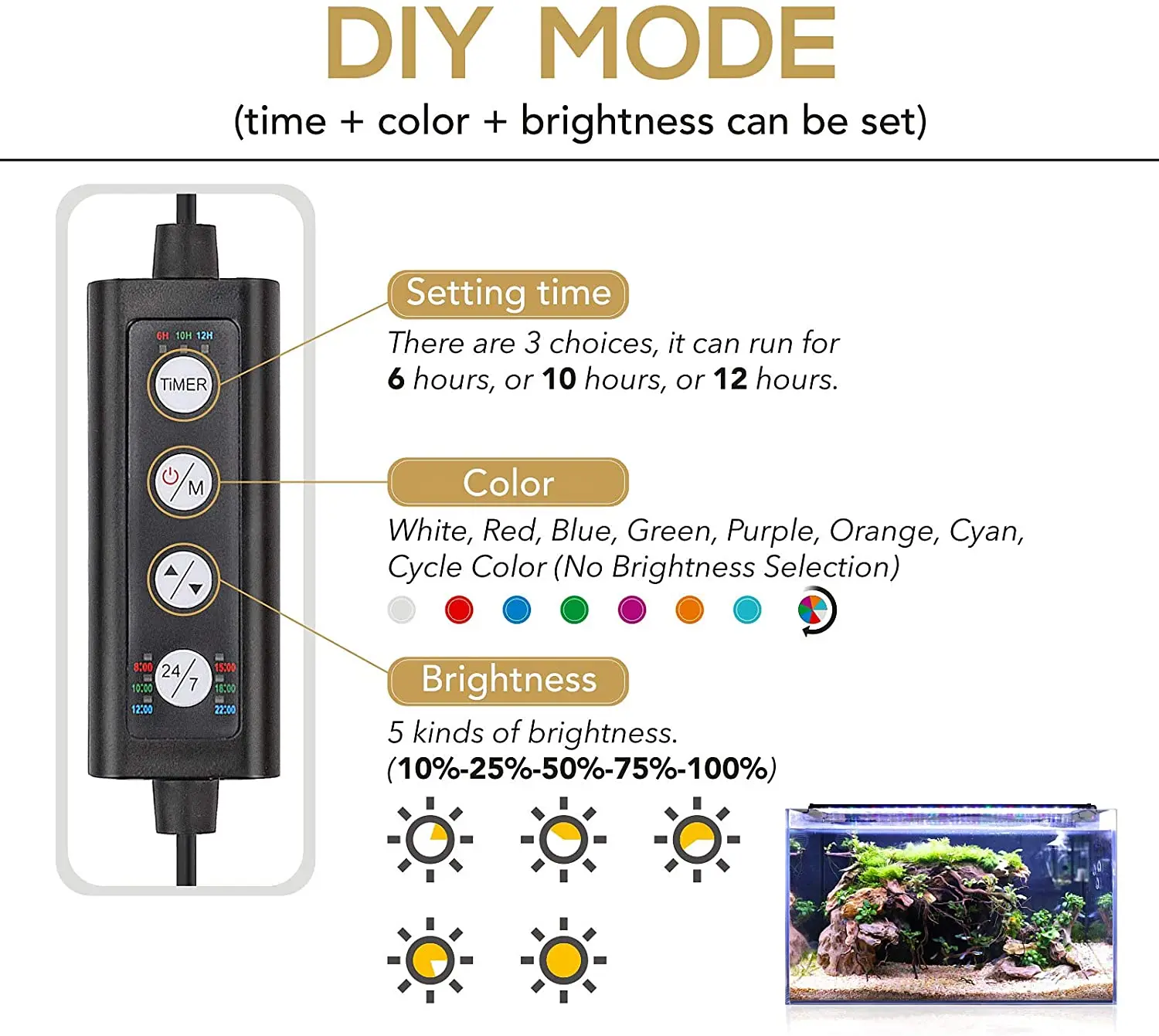 Fullgain OEM Adjustable Timer Brightness Fish Tank Light with Extendable Bracket 7 Colors LED Aquarium Light For Planted Tank