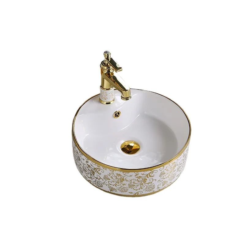 Above counter basin bathroom Easy to Clean ceramic glaze gold printed Install wash basins on the counter